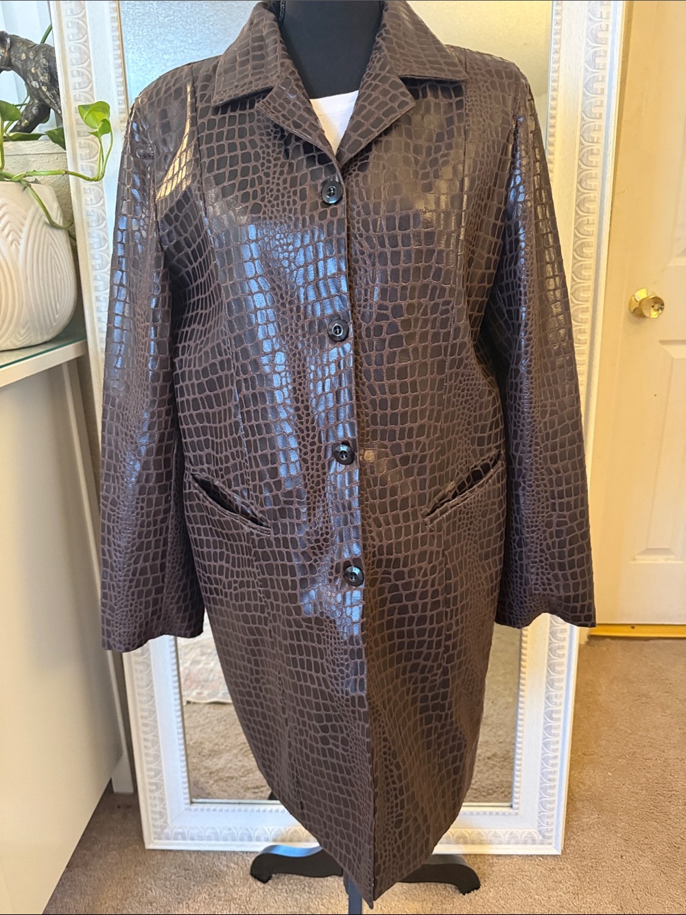 Brown Croc-Embossed Faux Leather Coat - Women's Jacket